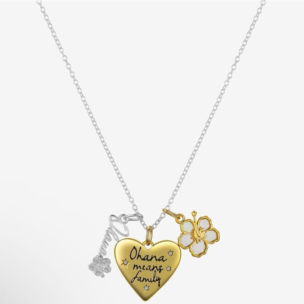 Disney Ohana Charm CZ Silver 16” Cable Heart Lilo & Stitch Pendant Necklace New